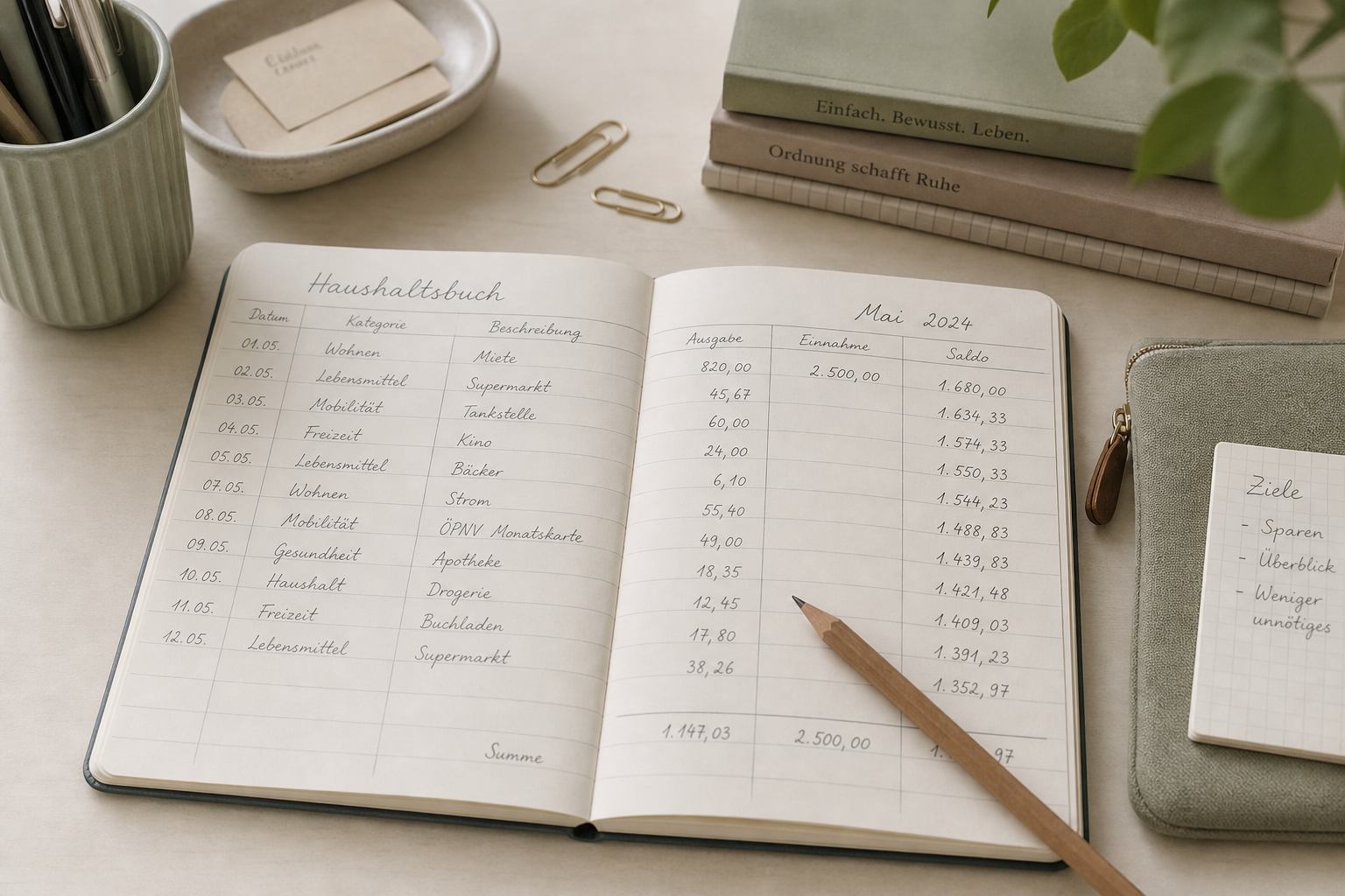 Offenes Haushaltsbuch mit handschriftlichen Einträgen auf einem ruhigen Schreibtisch