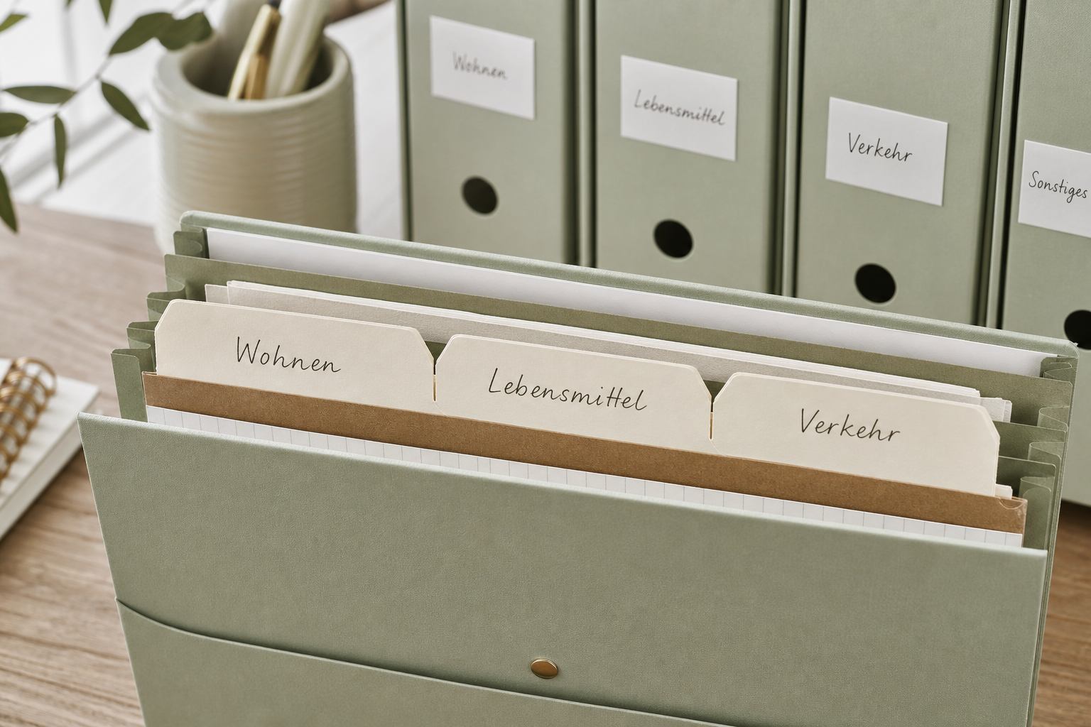 Papierreiter mit Haushaltskategorien in einer Mappe