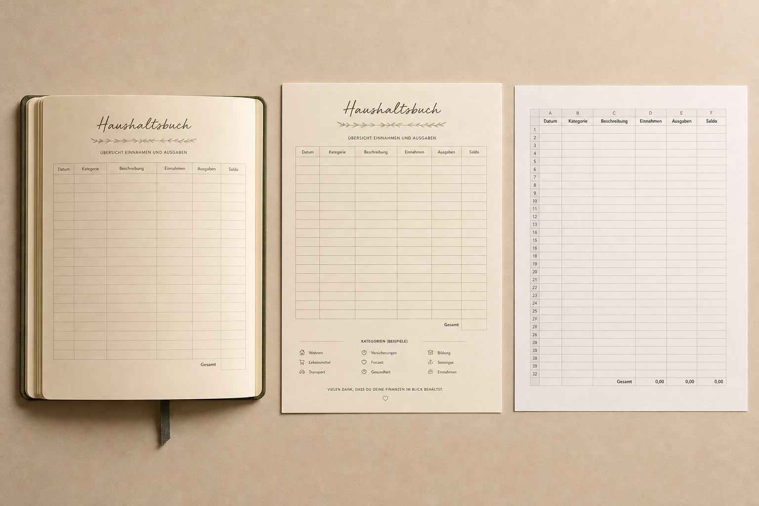 Heft, Druckblatt und Tabellenausdruck nebeneinander
